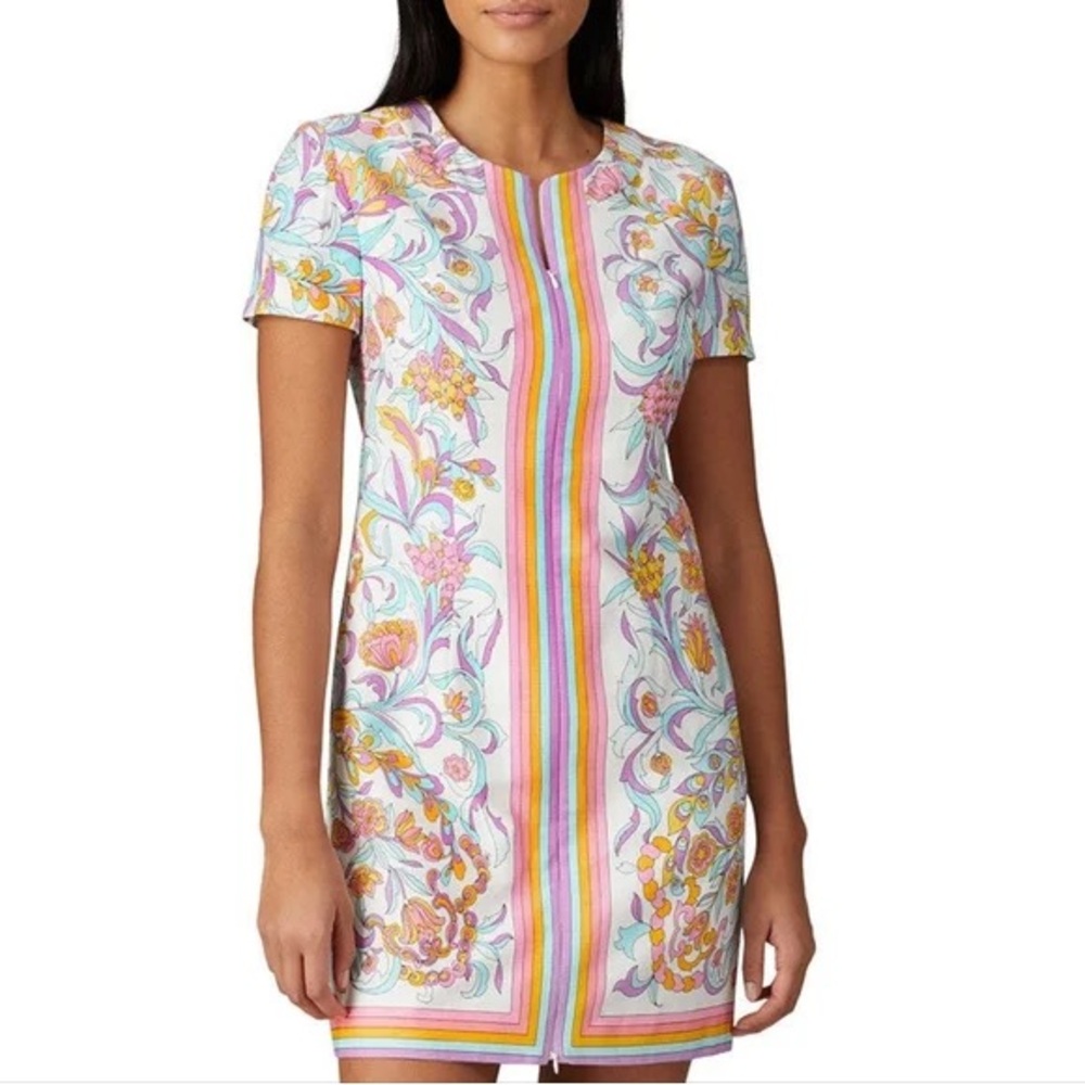 Floral Stripe Short Sleeve Shift Dress in Pastel Pink and White